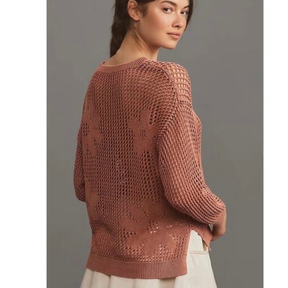 Pilcro/Anthopologie Coral Open Weave Sweater with Flowers Oversized M. NWT - Picture 2 of 11